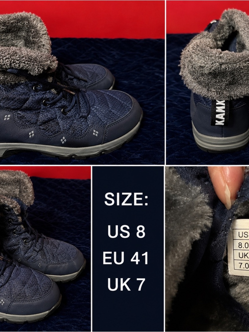Kamik Navy Quilted Lace-Up Winter Boots with Gray Faux Fur Cuff